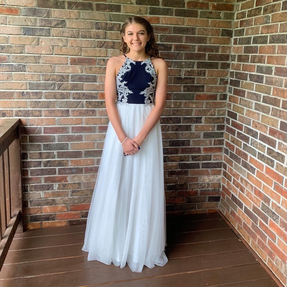 navy blue and white prom dresses Round Neck Short White And Blue Lace Prom Dresses, Short Lace Homecomi jbydress